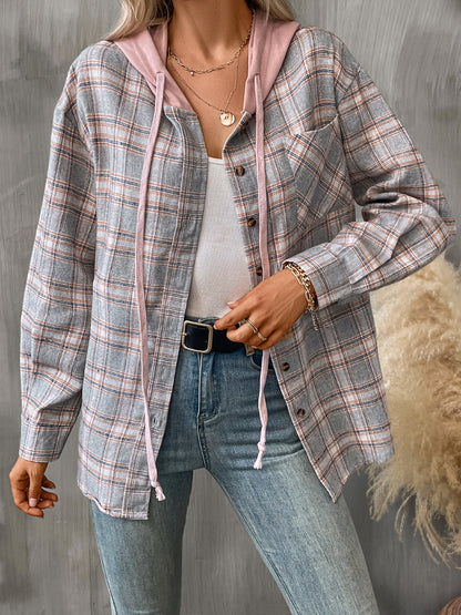 Plaid Long Sleeve Hooded Jacket Trendsi