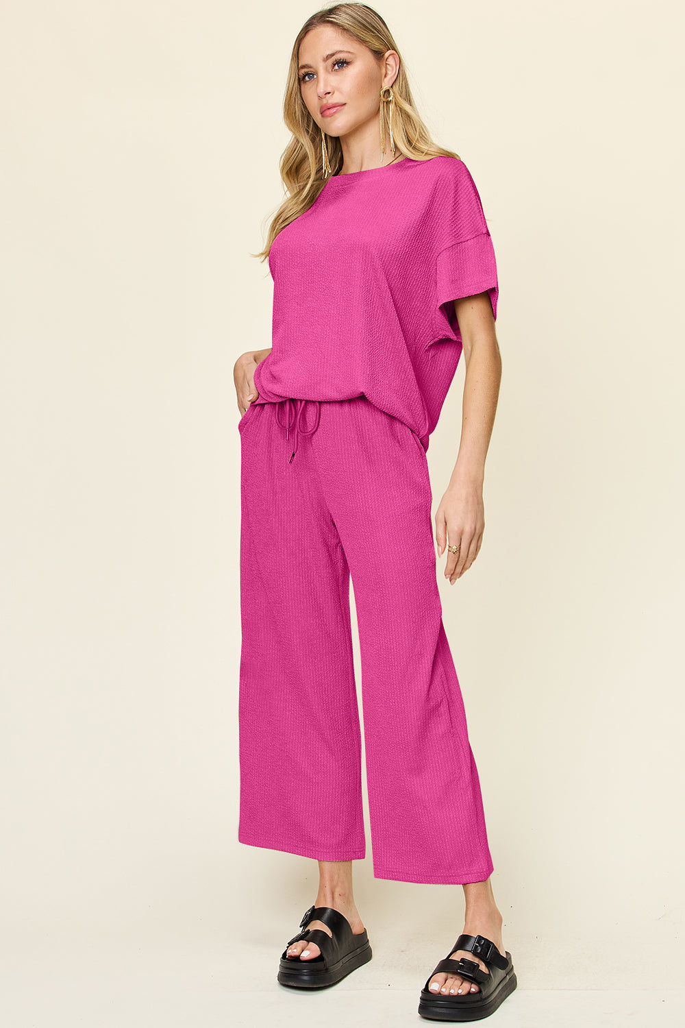 Double Take Full Size Texture Round Neck Short Sleeve T-Shirt and Wide Leg Pants Trendsi