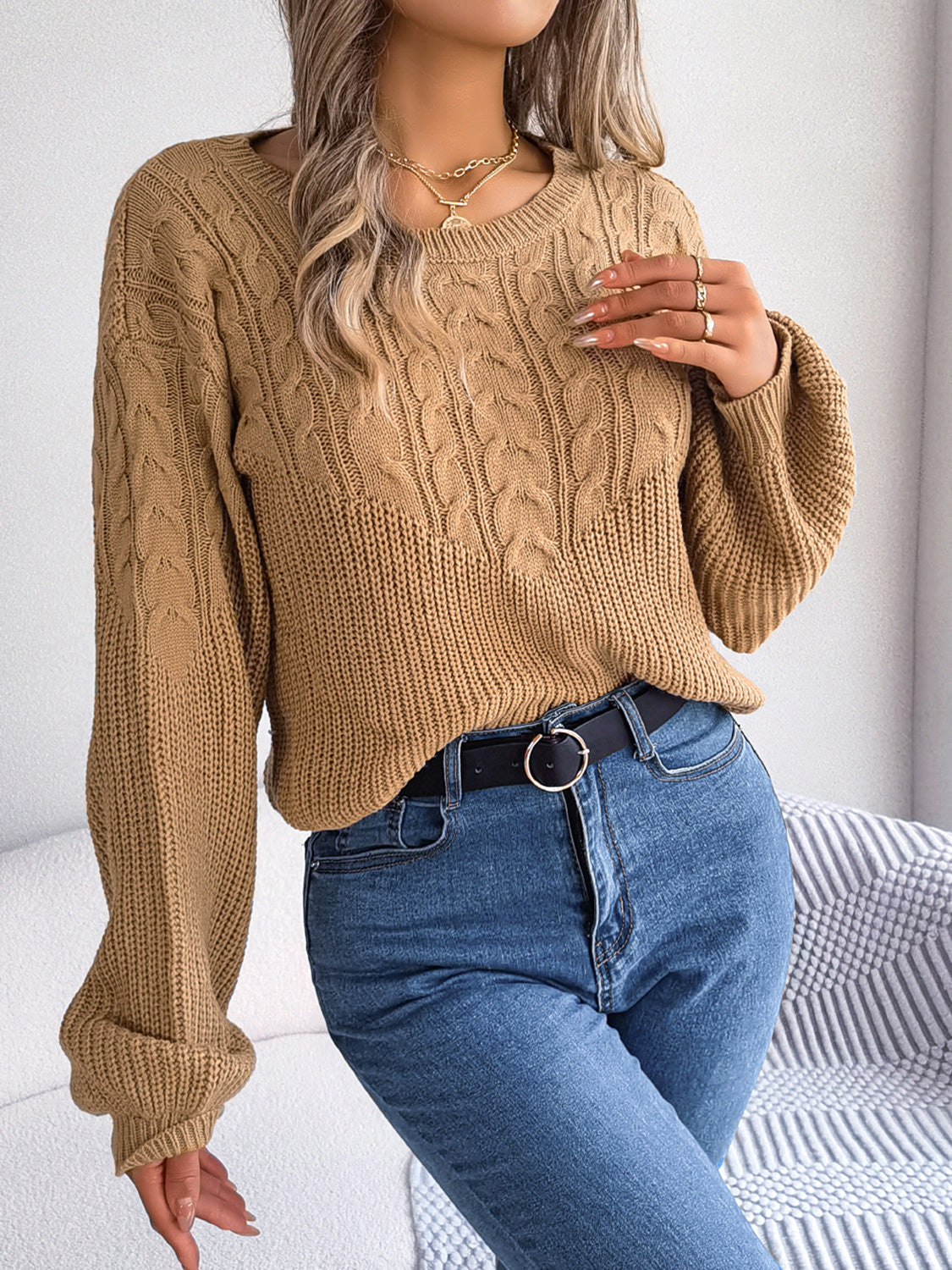 Cable-Knit Round Neck Drop Shoulder Sweater Trendsi