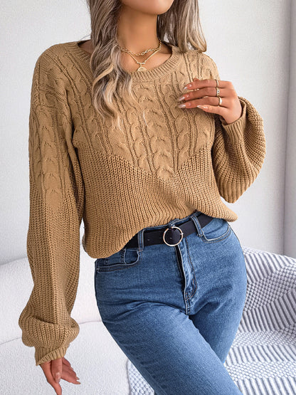 Cable-Knit Round Neck Drop Shoulder Sweater Trendsi