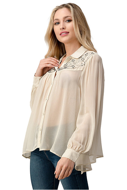 Embroidered Sheer Button-Up Blouse – Casual Elegance Indigo Arrowwood