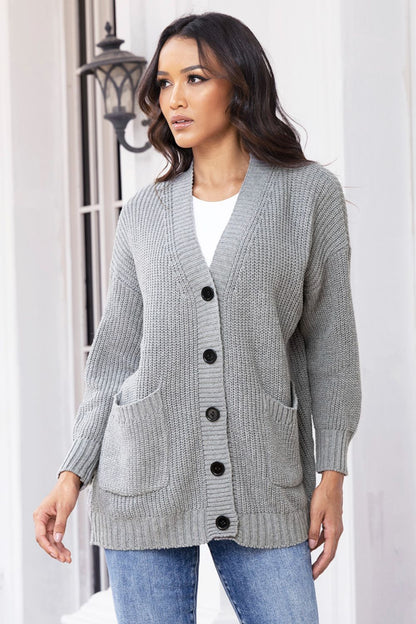 Button Up Long Sleeve Cardigan with Pockets Trendsi