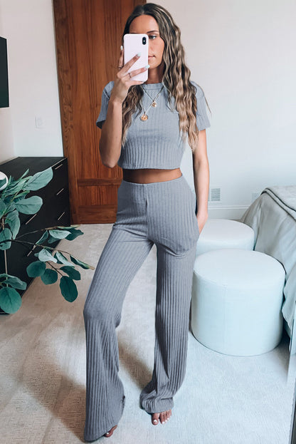 Cropped Tee and Wide Legs Pants Ribbed Knit Lounge Set Lavender Pallas