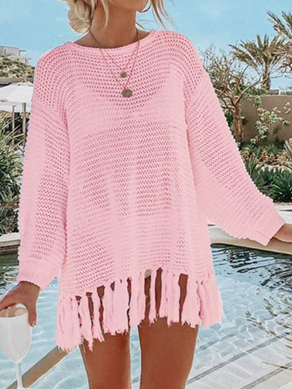 Angel Wings Openwork Tassel Hem Long Sleeve Knit Cover Up Trendsi