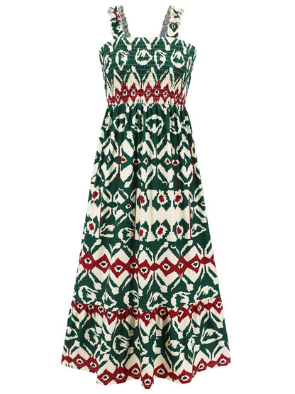 Smocked Printed Square Neck Sleeveless Dress Trendsi