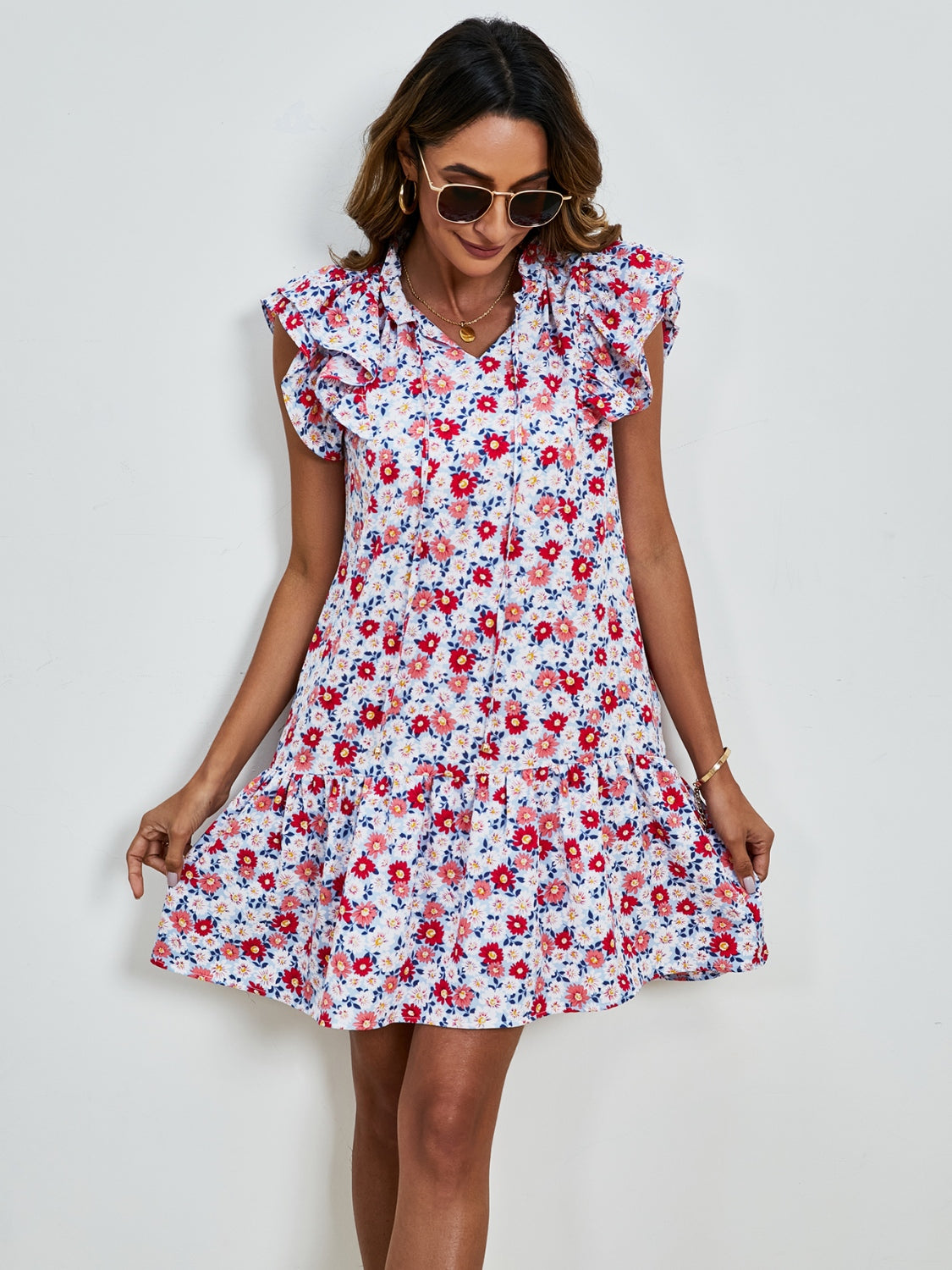 Tied Floral Cap Sleeve Mini Dress Trendsi