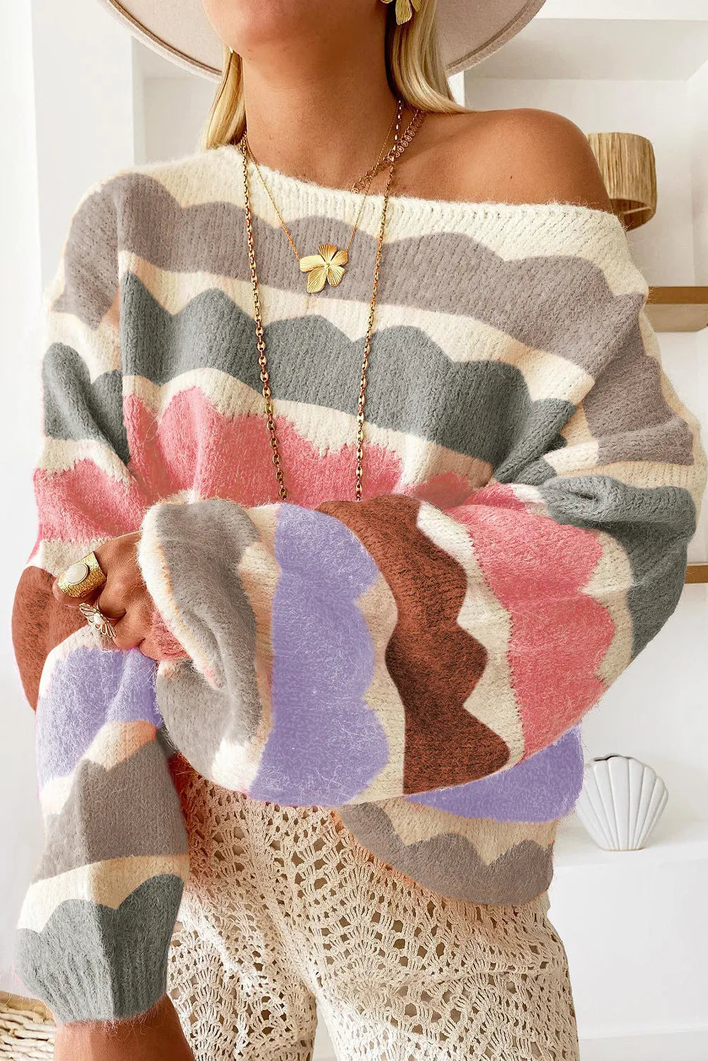 Boat Neck Long Sleeve Sweater Trendsi