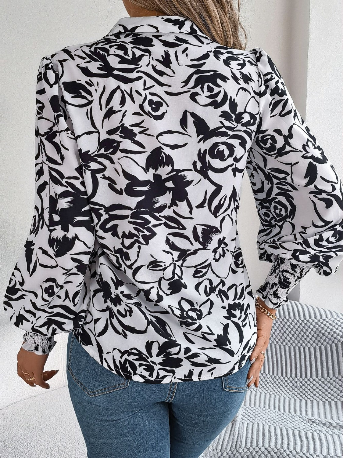 Printed Collared Neck Lantern Sleeve Shirt Trendsi