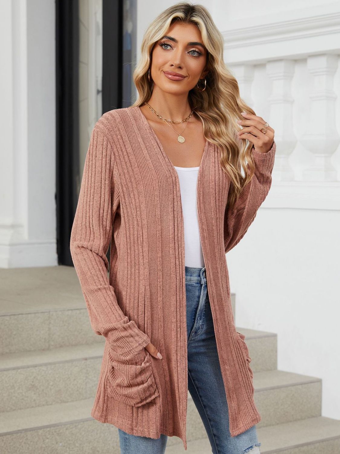 Pocketed Open Front Long Sleeve Cardigan Trendsi