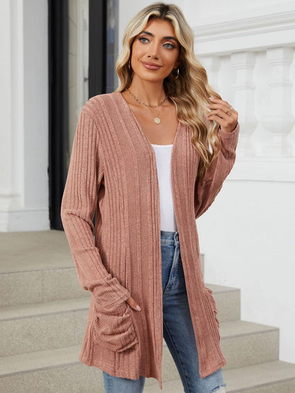 Pocketed Open Front Long Sleeve Cardigan Trendsi