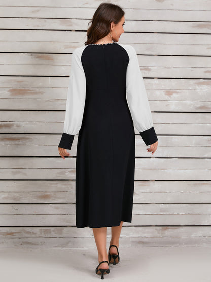 Ruched Contrast Long Sleeve Midi Dress Trendsi