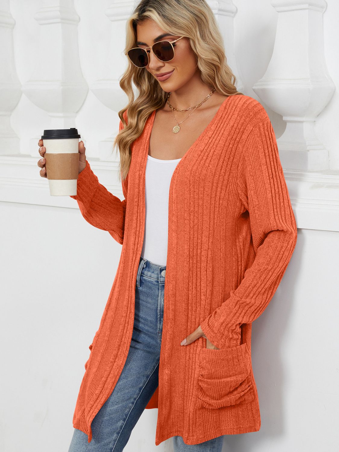 Pocketed Open Front Long Sleeve Cardigan Trendsi