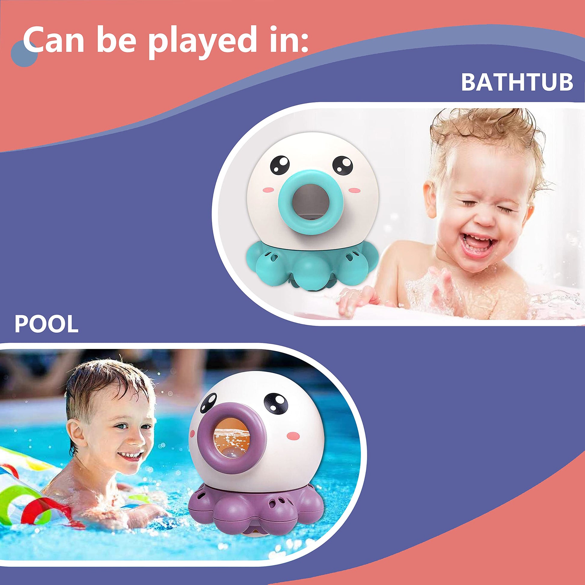 Octopus fountain bath toy with water jet spray for infants and toddlers in bathtub and pool.