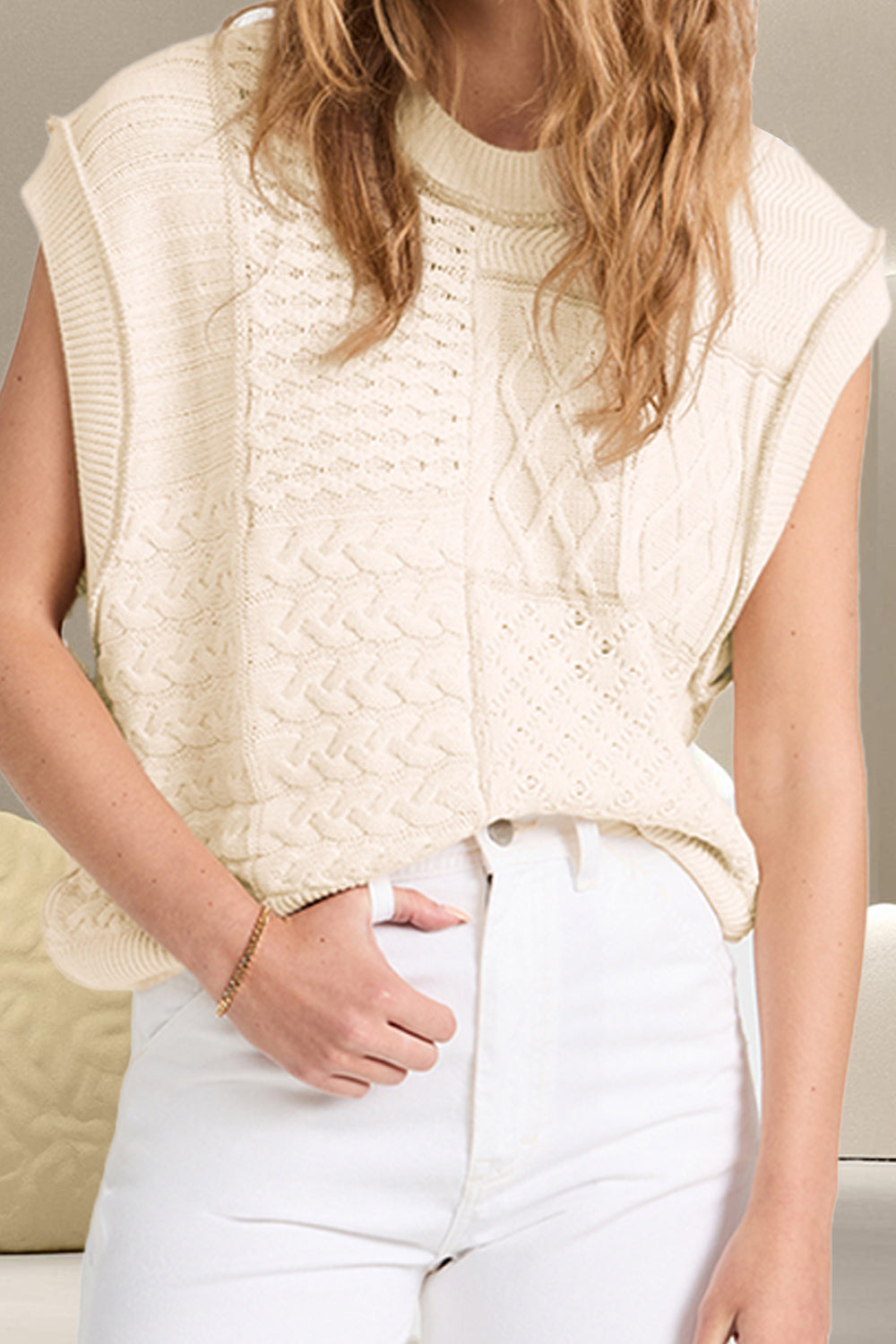 Cable-Knit Round Neck Sweater Vest Trendsi