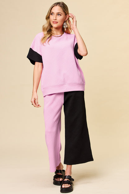 Double Take Full Size Texture Contrast T-Shirt and Wide Leg Pants Set Trendsi