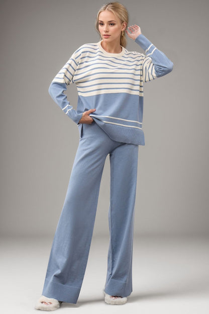 Basic Bae Striped Round Neck Long Sleeve Top and Pants Sweater Set Trendsi