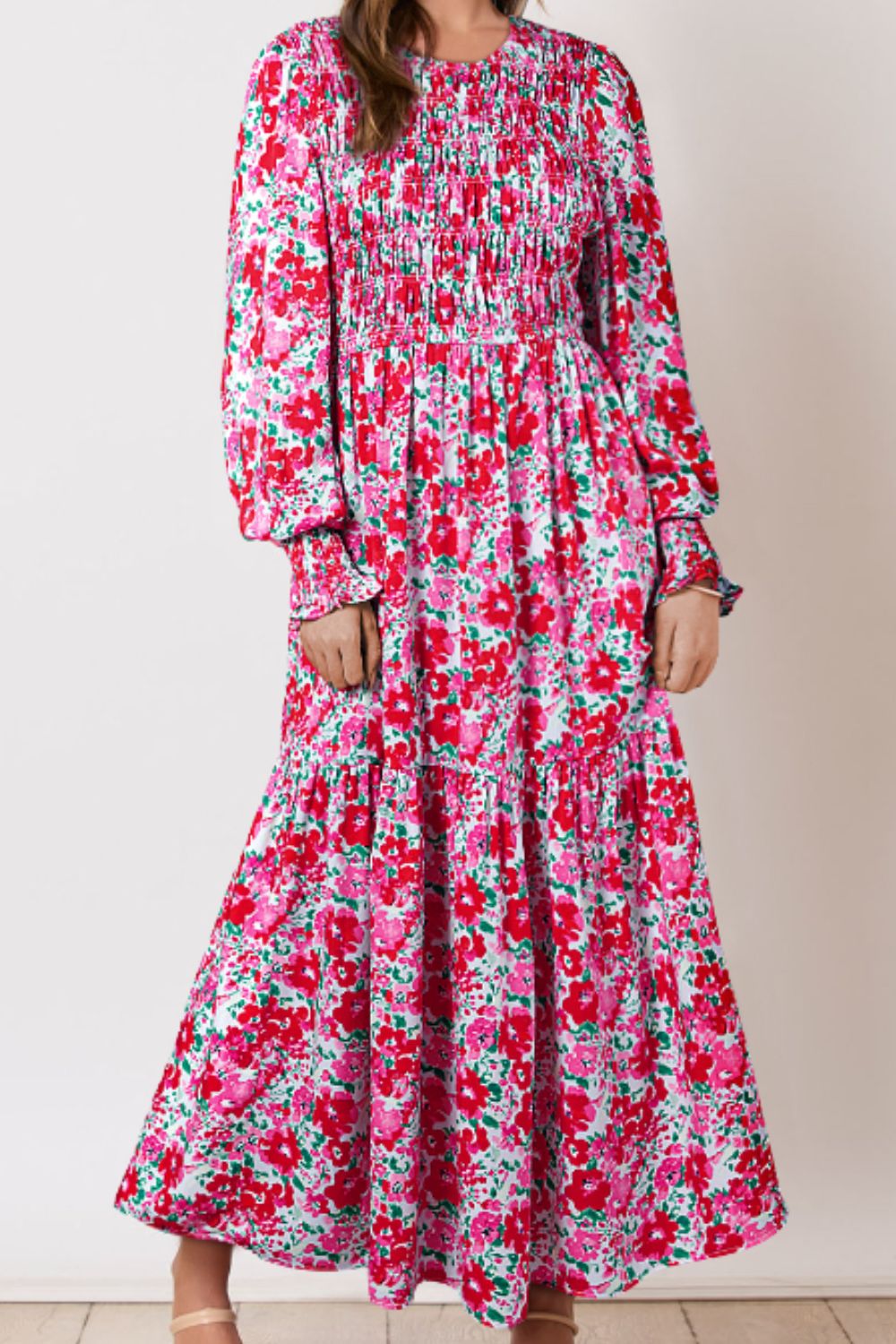 Printed Round Neck Lantern Sleeve Maxi Dress Trendsi