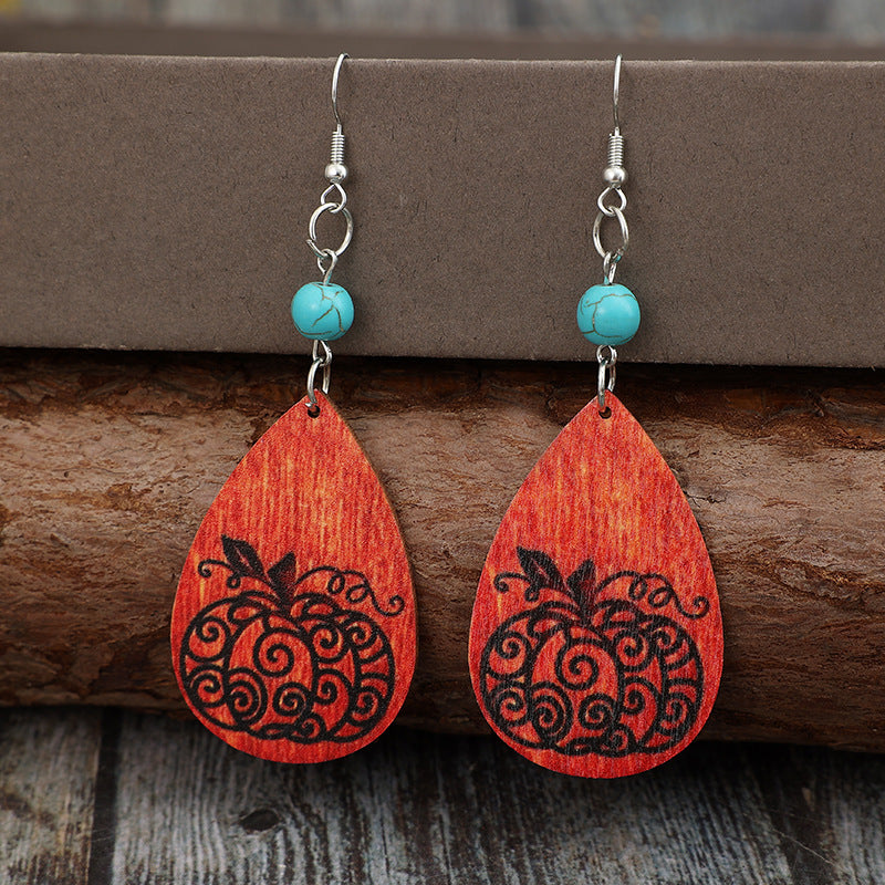 Handmade Turquoise Wooden Pumpkin Earrings - Alloy Wood Jewelry