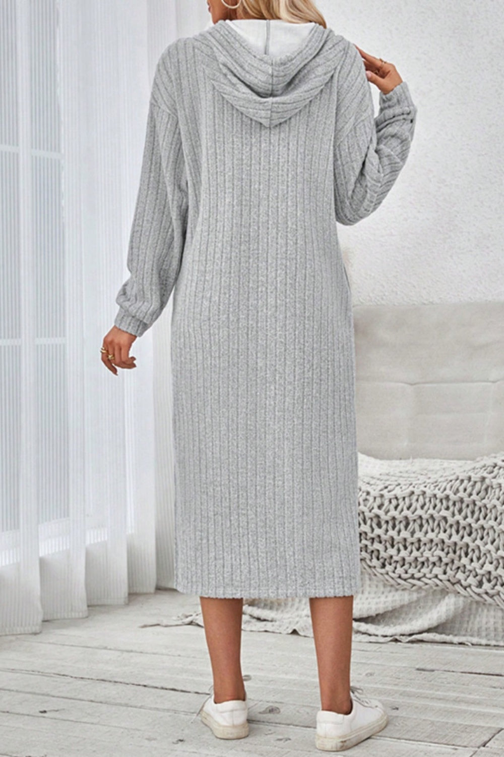 Side Slit Drawstring Long Sleeve Hooded Dress Trendsi