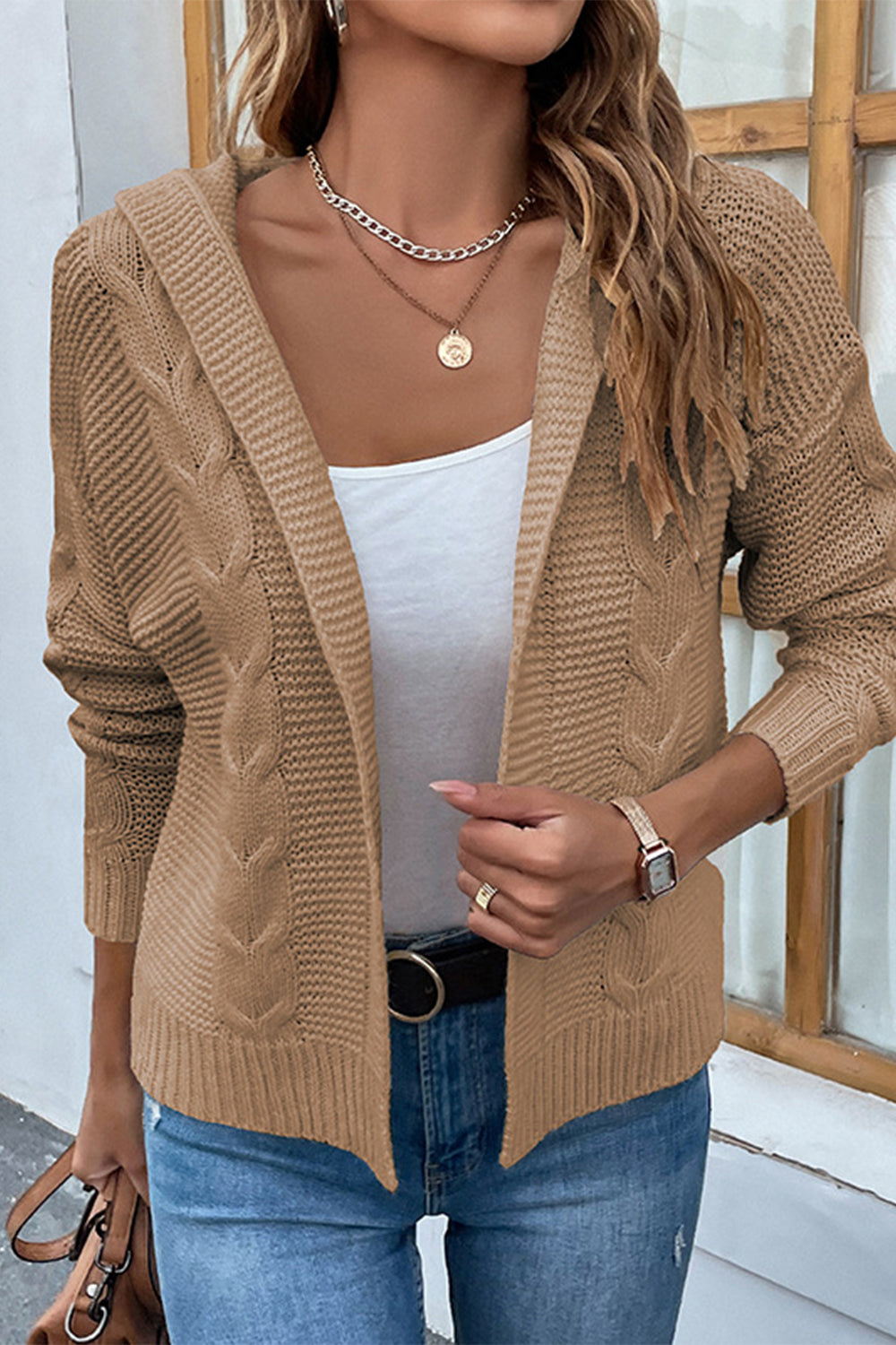 Cable-knit dropped shoulder hooded cardigan, beige, open front, casual chic style.