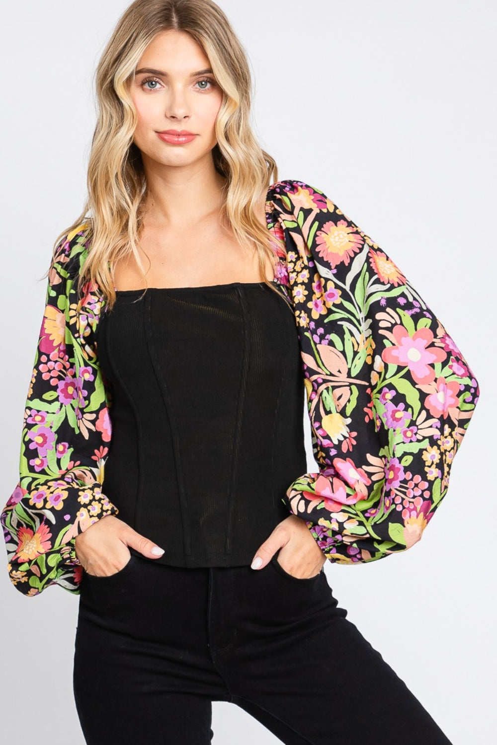 ODDI Full Size Floral Balloon Sleeve Blouse Trendsi