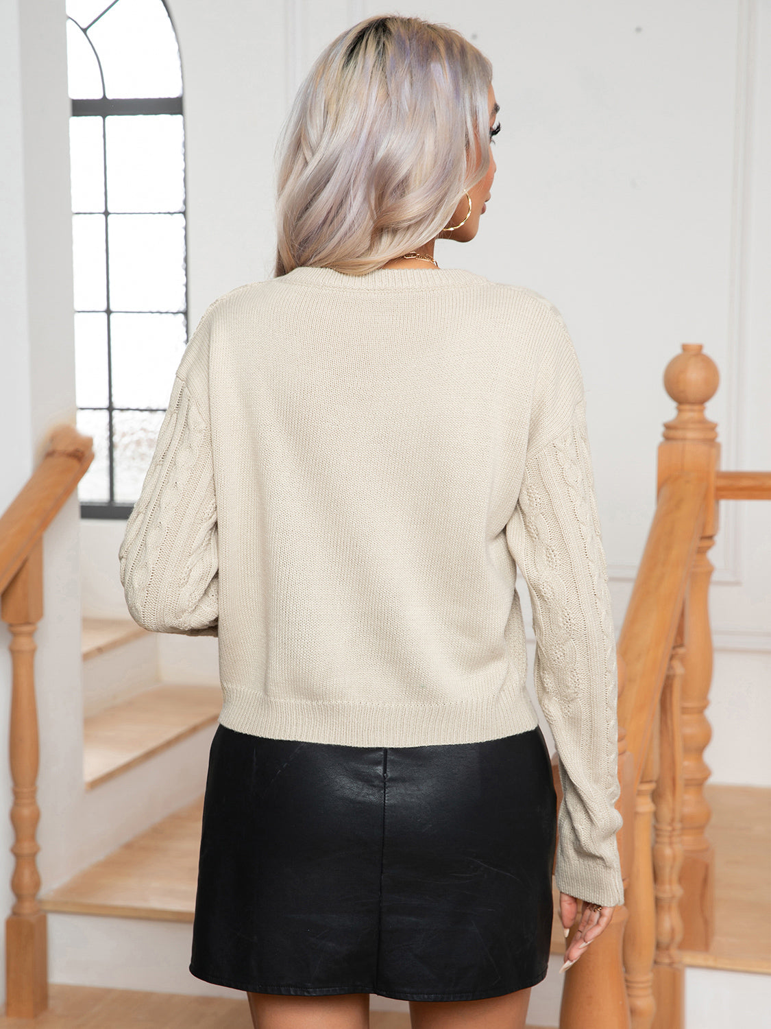 Cable-Knit Round Neck Long Sleeve Sweater Trendsi