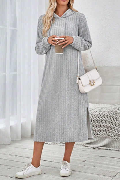 Side Slit Drawstring Long Sleeve Hooded Dress Trendsi