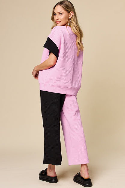 Double Take Full Size Texture Contrast T-Shirt and Wide Leg Pants Set Trendsi