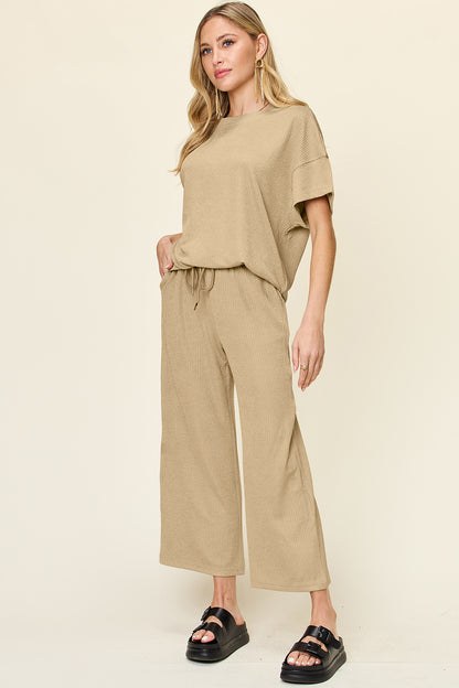 Double Take Full Size Texture Round Neck Short Sleeve T-Shirt and Wide Leg Pants Trendsi