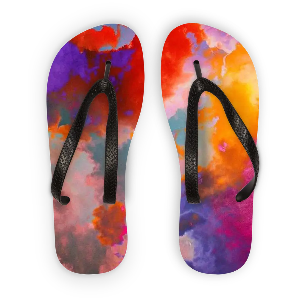 Éclaircie Adult Flip Flops with colorful print and black straps.