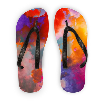 Éclaircie Adult Flip Flops with colorful print and black straps.