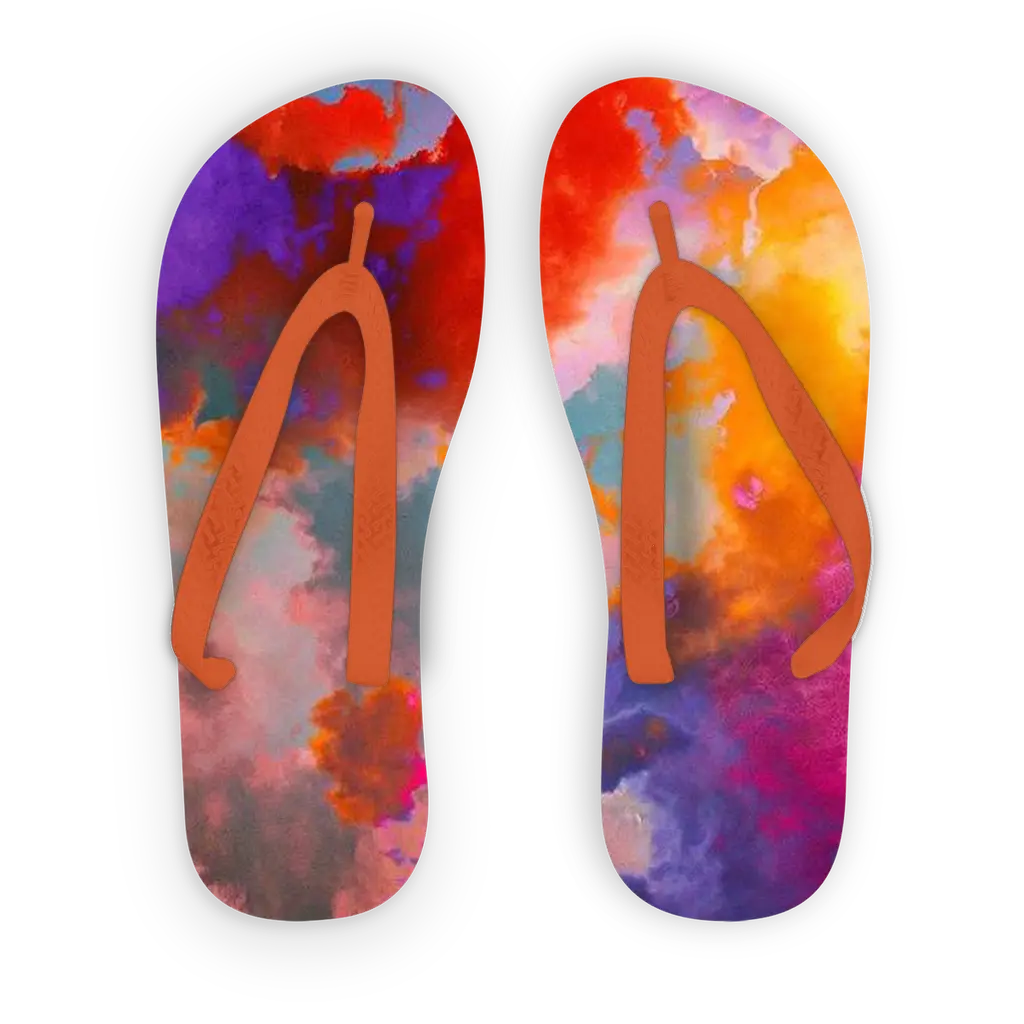 Éclaircie Adult Flip Flops with colorful printed fabric and orange straps.