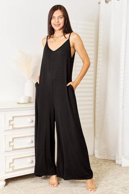 Double Take Full Size Soft Rayon Spaghetti Strap Tied Wide Leg Jumpsuit Trendsi