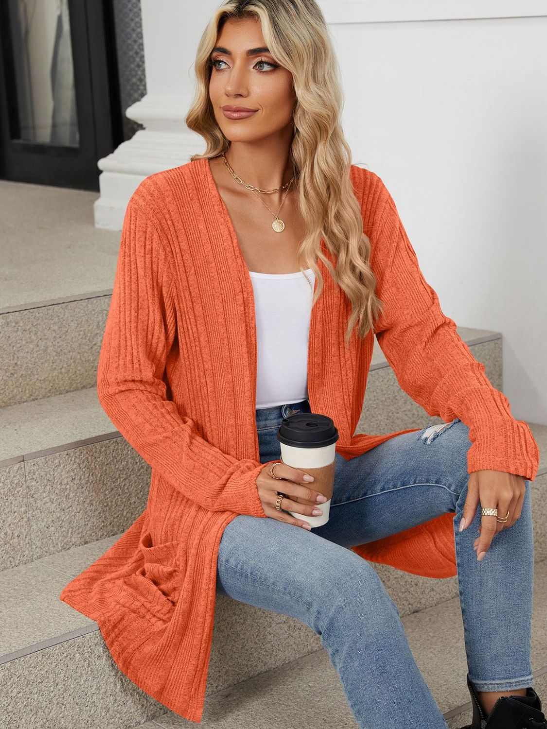 Pocketed Open Front Long Sleeve Cardigan Trendsi