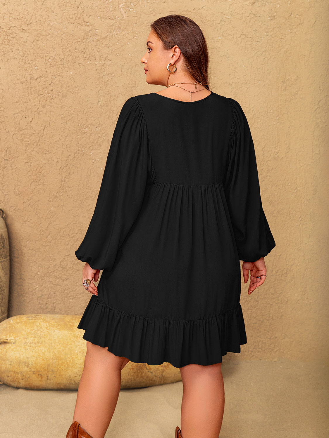 Plus Size Embroidered Tie Neck Long Sleeve Mini Dress Trendsi