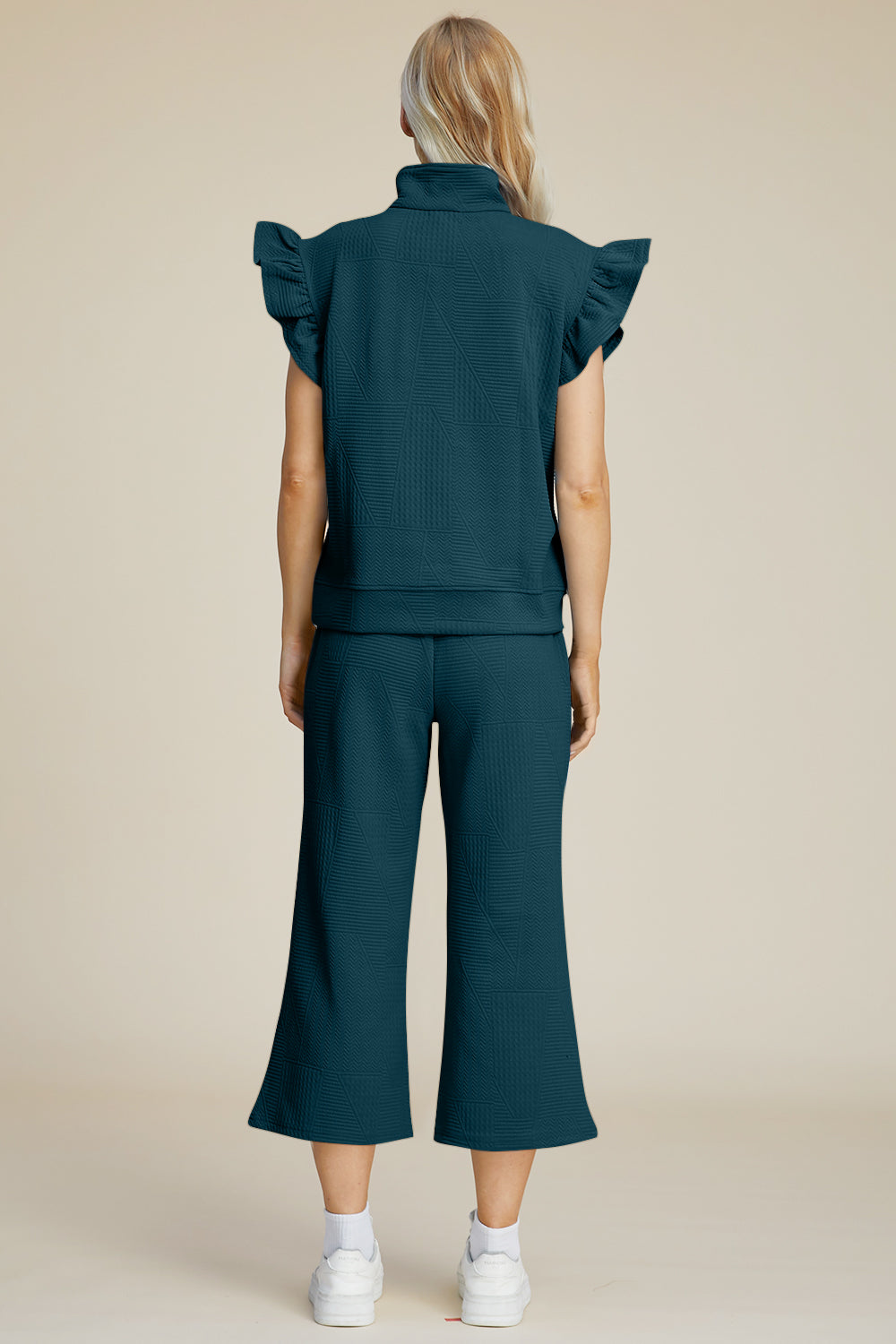 Double Take Full Size Texture Ruffle Short Sleeve Top and Wide Leg Pants Set Trendsi