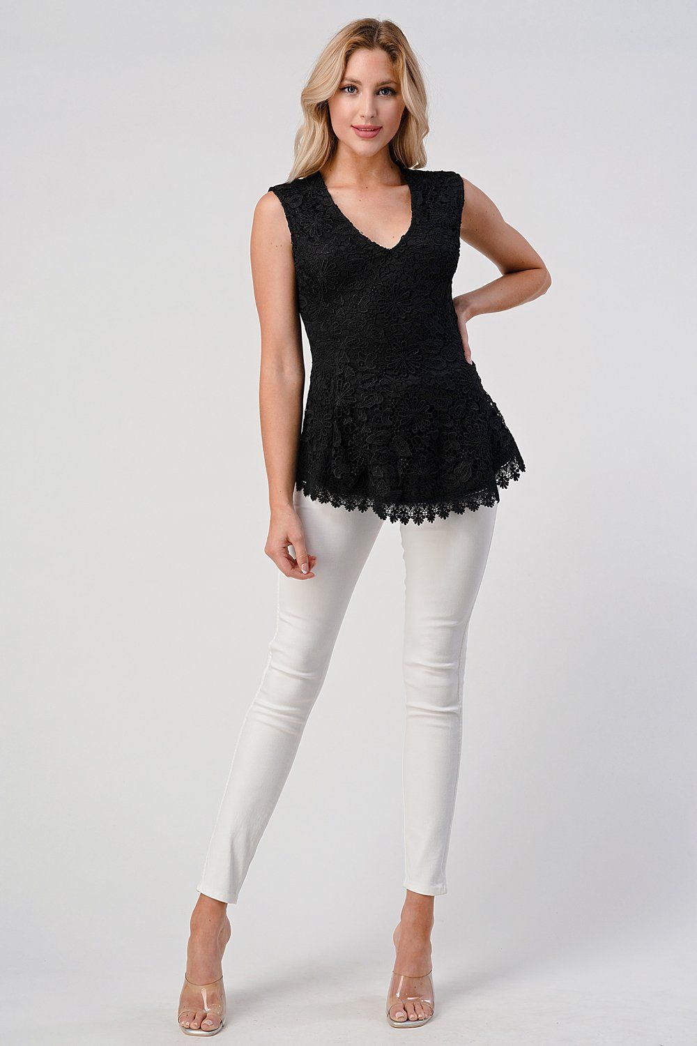 Sleeveless V-Neck Lace Peplum Top Indigo Arrowwood