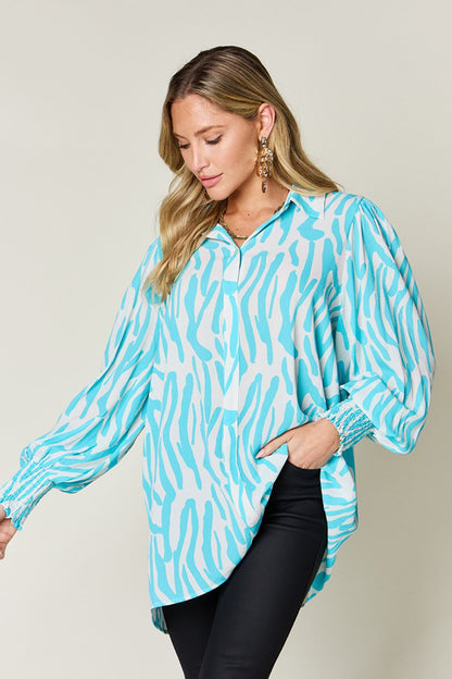 Double Take Full Size Printed Smocked Long Sleeve Blouse Trendsi