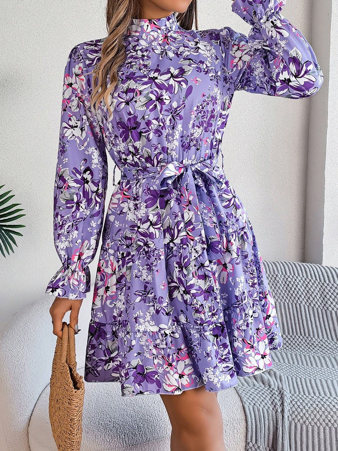 Printed Mock Neck Flounce Sleeve Mini Dress Trendsi