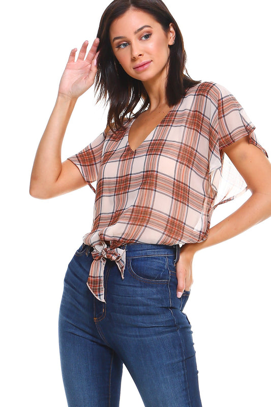 Plaid V-Neck Tie-Front Blouse with Flutter Sleeves Indigo Arrowwood