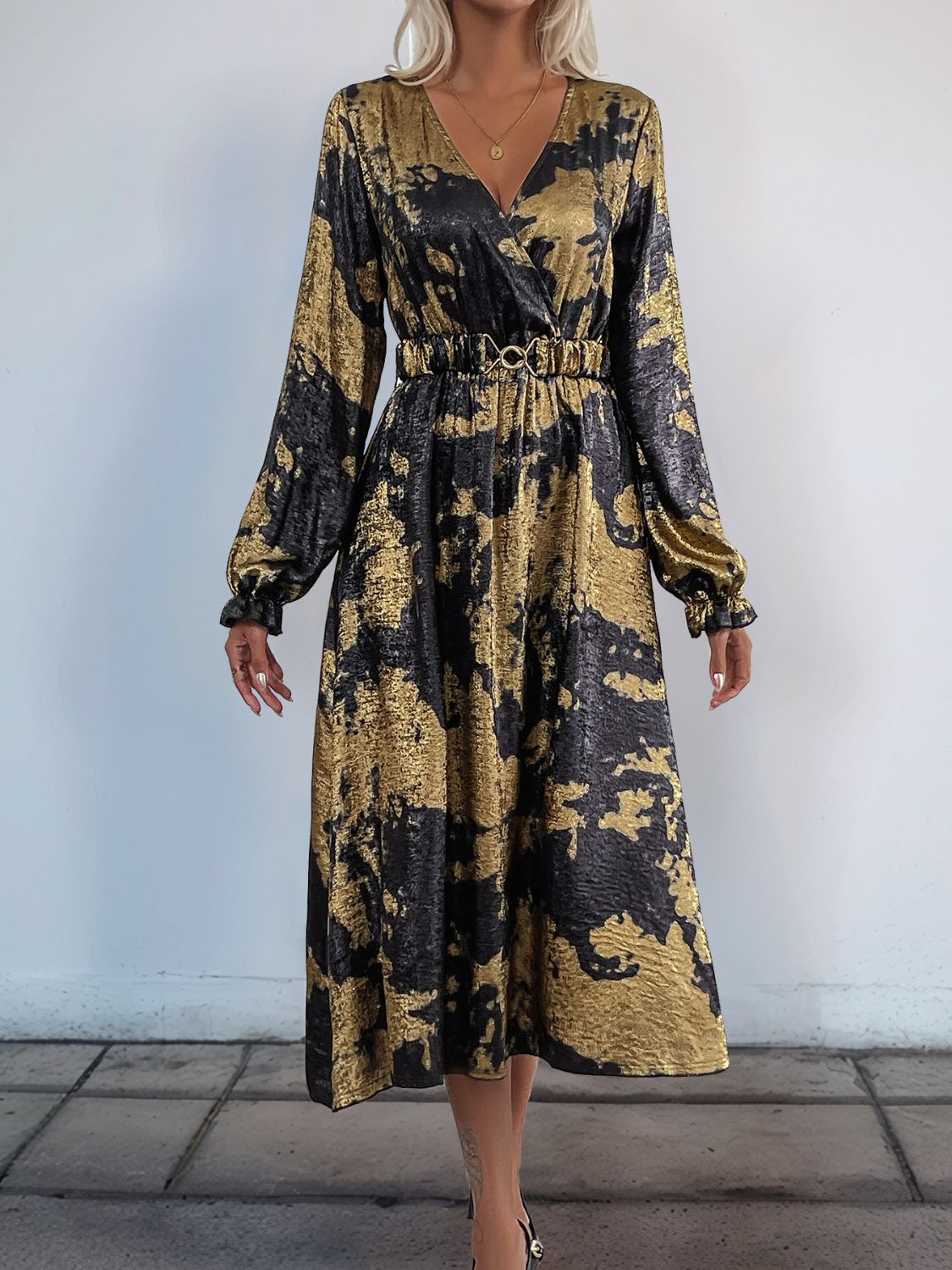 Perfee Printed Surplice Long Sleeve Midi Dress Trendsi