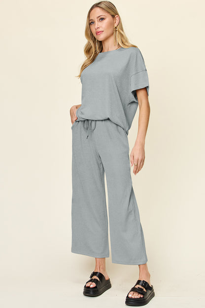 Double Take Full Size Texture Round Neck Short Sleeve T-Shirt and Wide Leg Pants Trendsi