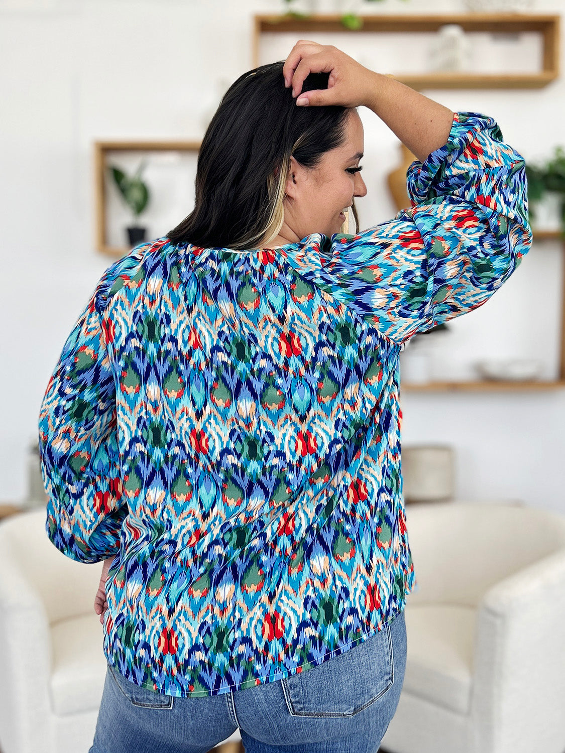 Double Take Full Size Printed Balloon Sleeve Blouse Trendsi