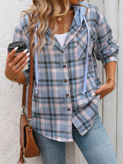 Plaid Long Sleeve Hooded Jacket Trendsi