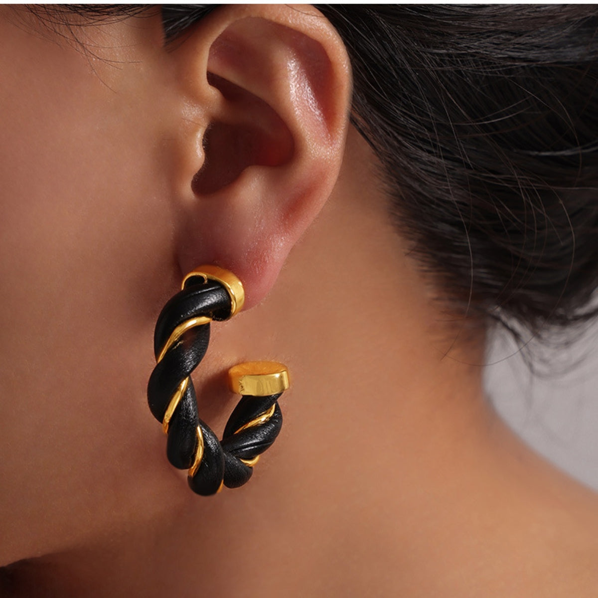 18K Gold-Plated Twisted Leather Rope C-Hoop Earrings on Ear