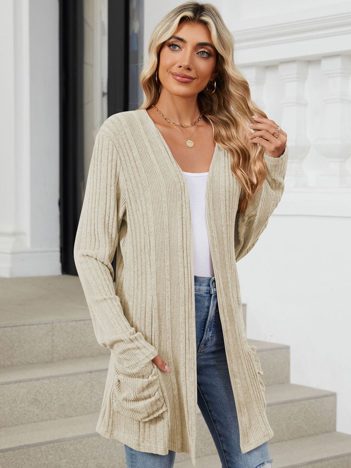 Pocketed Open Front Long Sleeve Cardigan Trendsi