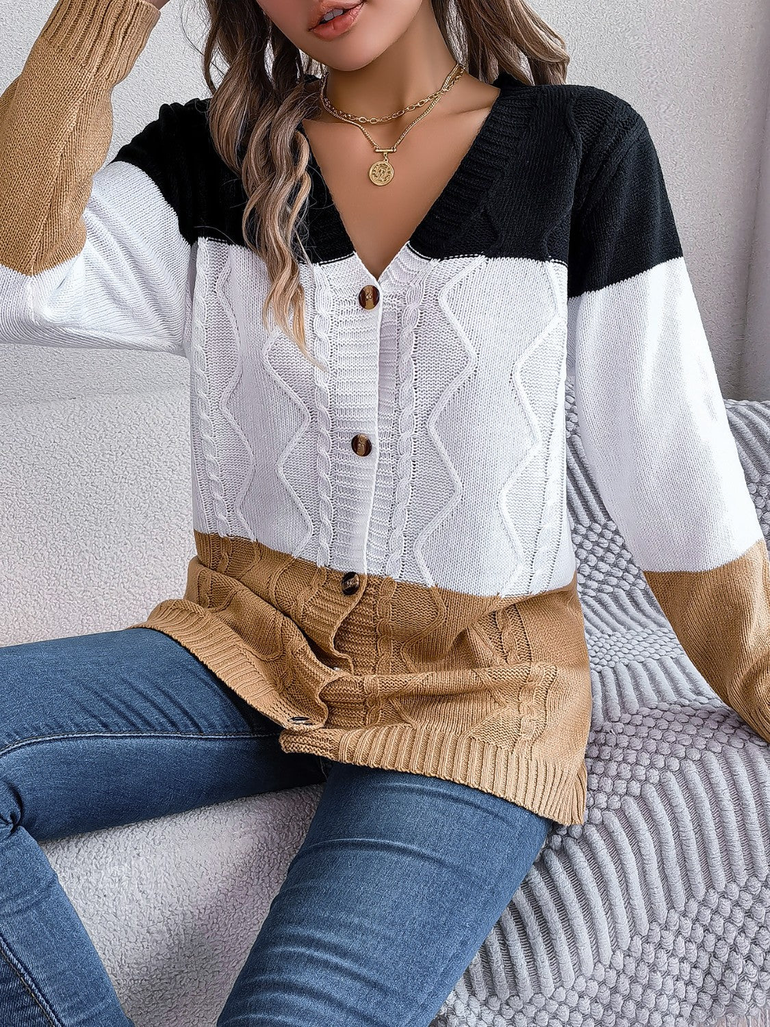 Cable-Knit Striped Button Up Cardigan Trendsi