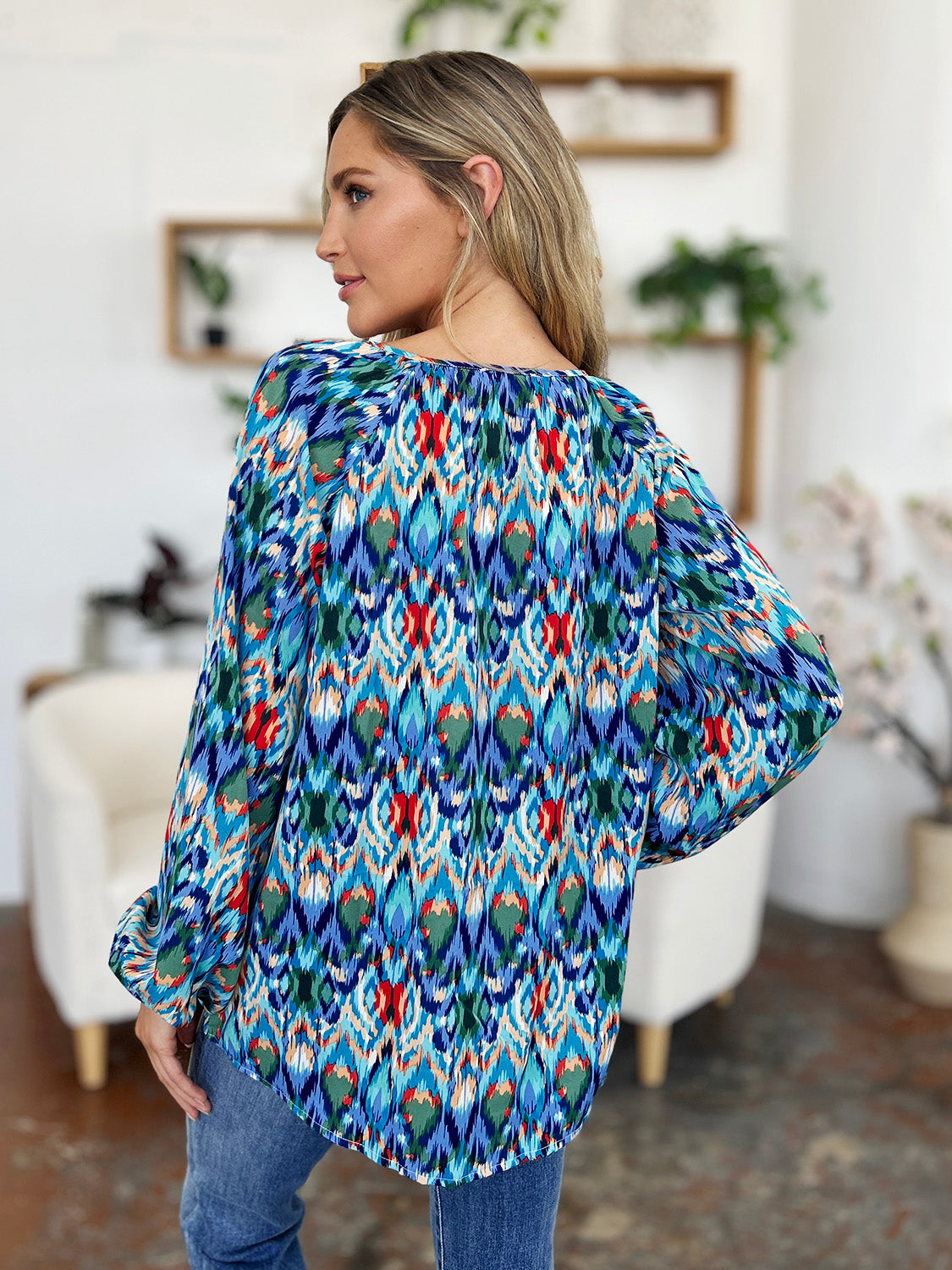 Double Take Full Size Printed Balloon Sleeve Blouse Trendsi