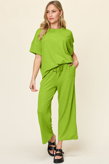 Double Take Full Size Texture Round Neck Short Sleeve T-Shirt and Wide Leg Pants Trendsi