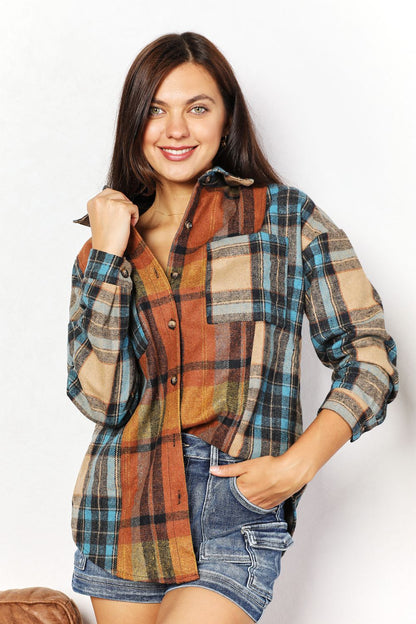 Double Take Plaid Curved Hem Shirt Jacket with Breast Pockets Trendsi